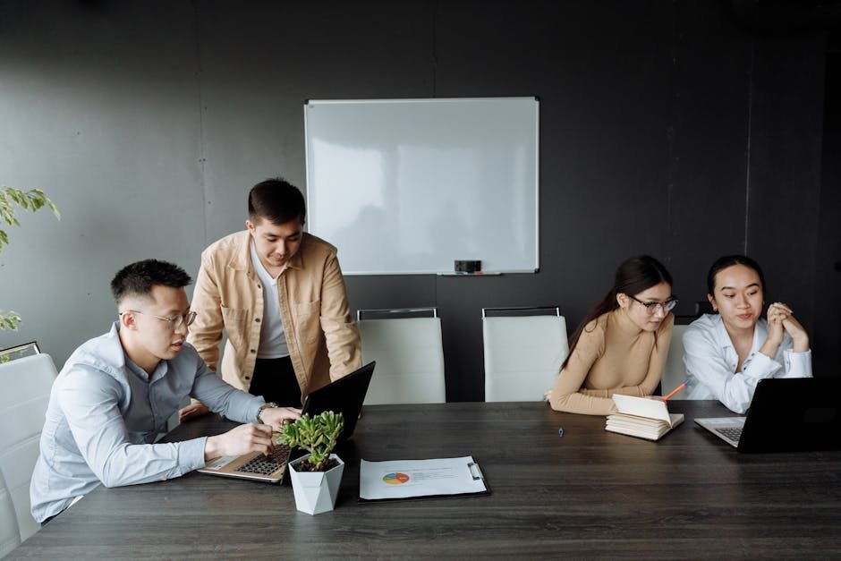 Office workers in a calm conference room participating in a workplace wellness training session