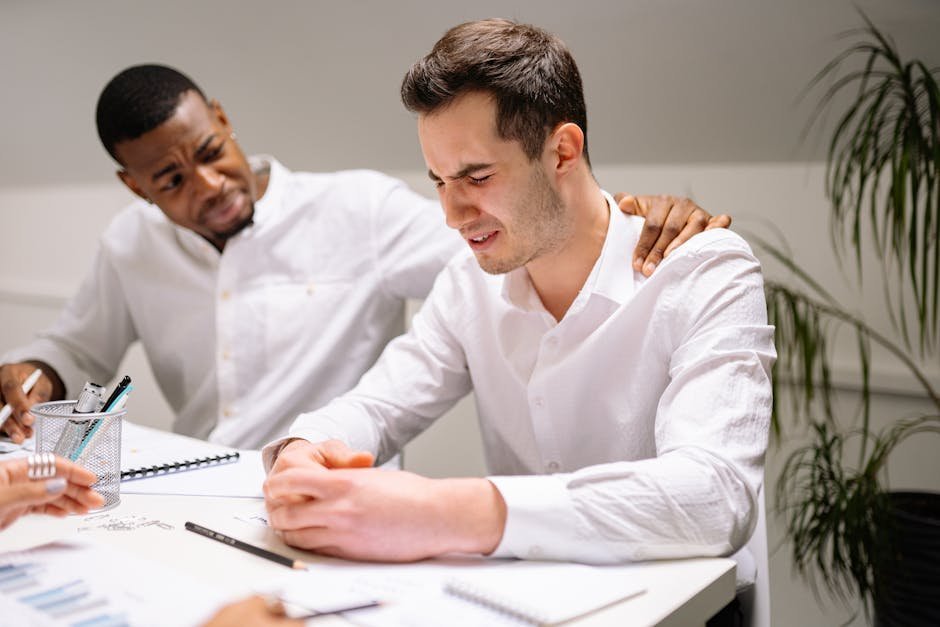Manager and employee having a supportive private conversation in a quiet office space