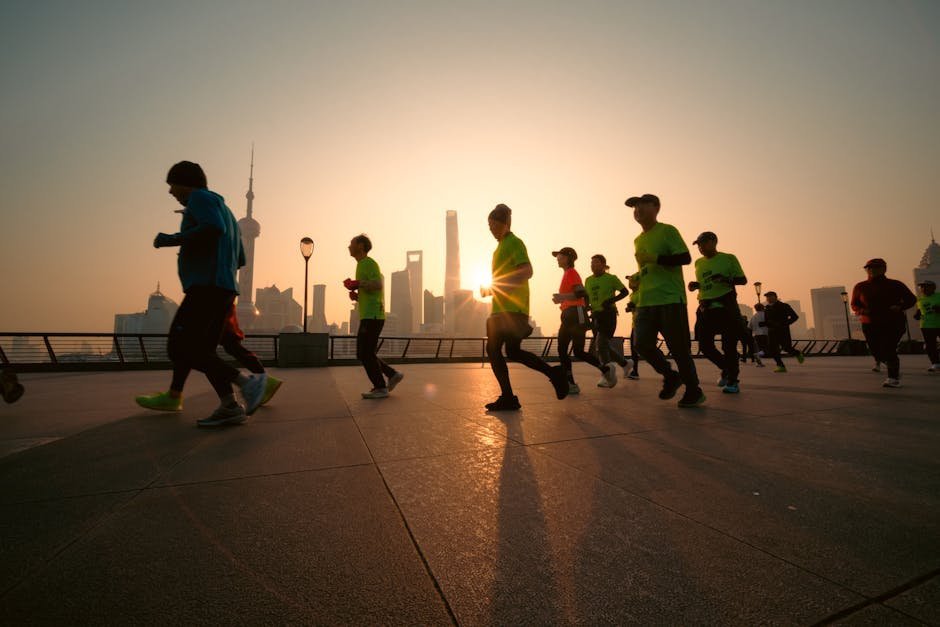 A run club gathering at sunrise outside a local running store