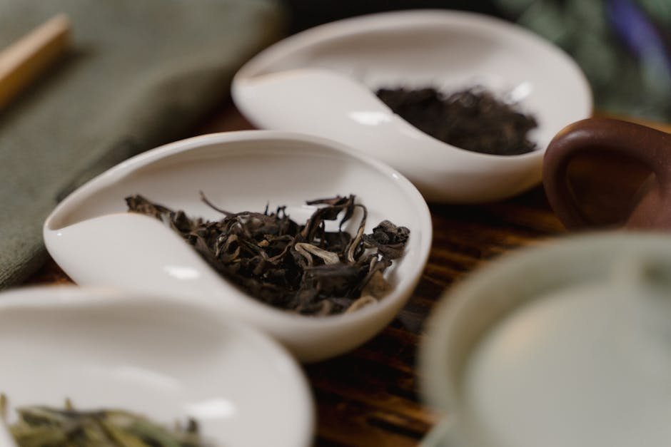 A spread of green, white, oolong, and black tea leaves arranged on a wooden surface